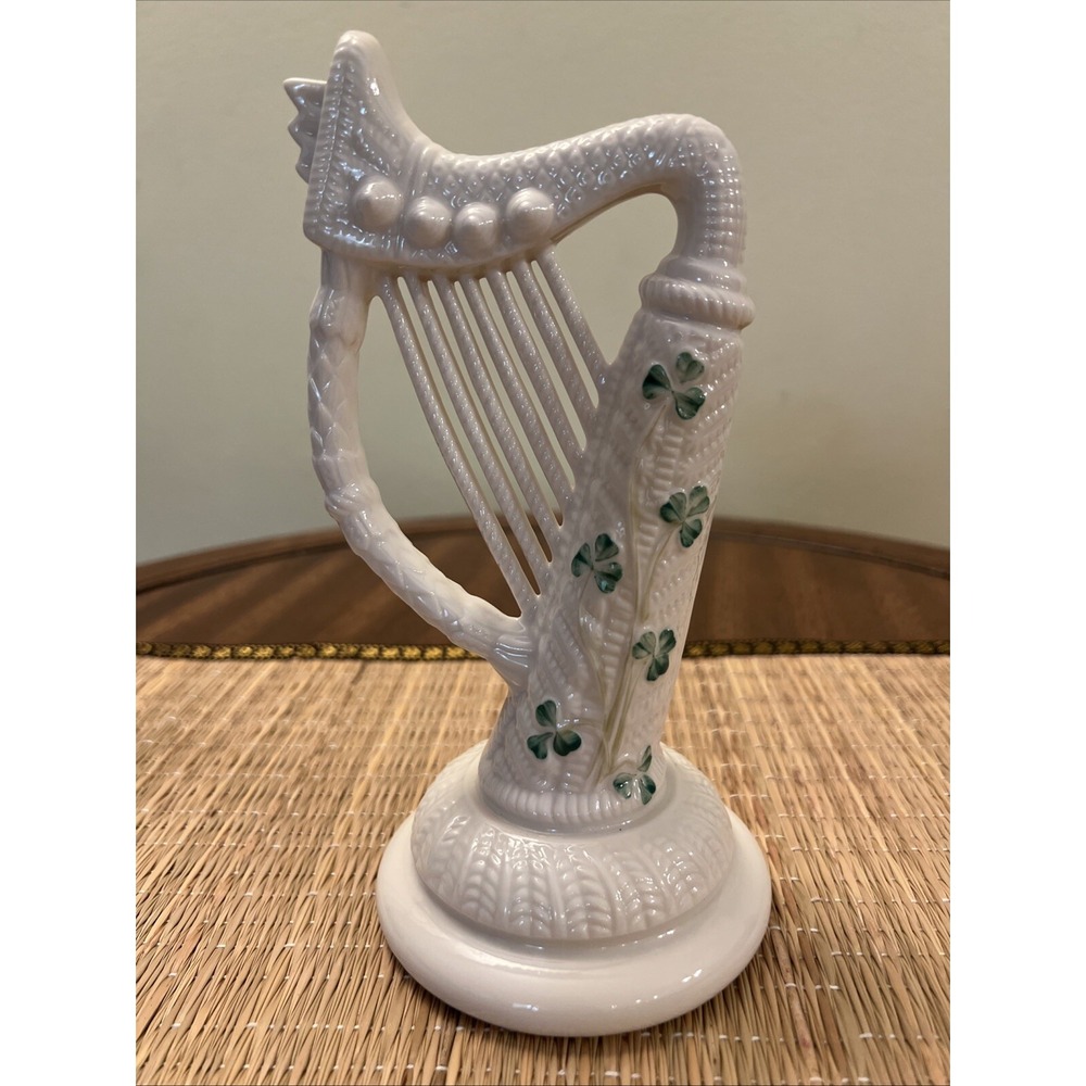 Beleek Ireland Porcelain 6.5" Irish Harp Figurine-Shamrock Design St Patrick's
